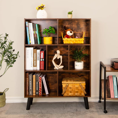 3-Tier Cube Bookshelf with Legs – Mid-Century Rustic Brown Wood Storage Organizer for Bedroom, Living Room, or Office