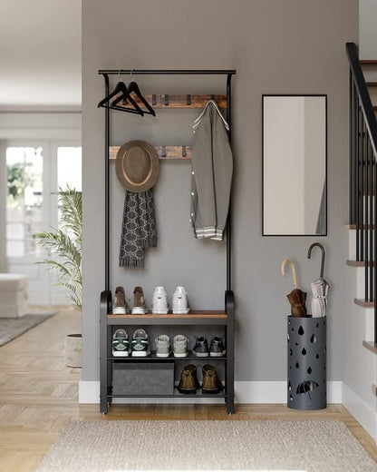 Hall Tree with Shoe Bench and Coat Rack, 4-in-1 Entryway Organizer with Hooks and Hanging Rod, Rustic Brown/Black