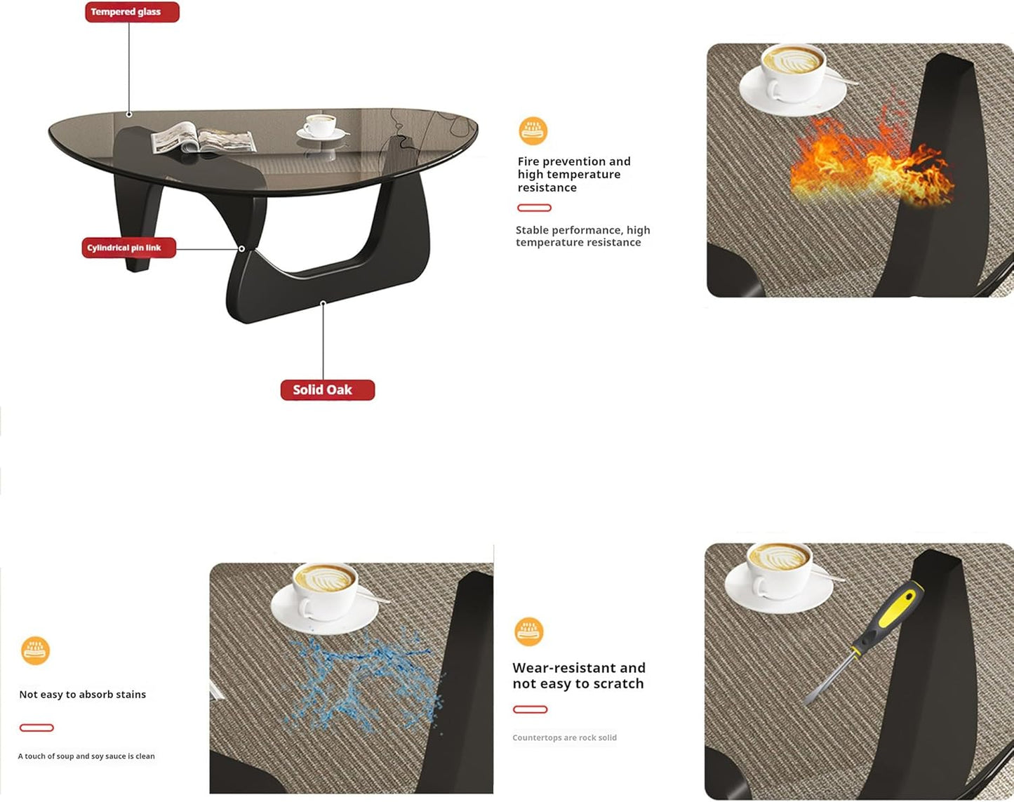 Modern Glass Coffee Table – Abstract Round Tea Table for Living Room, Black-Gray, 32.6