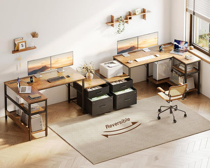 L Shaped Computer Desk with Drawers, File Cabinet, Storage Shelves, CPU Stand & Power Outlets – Rustic Brown