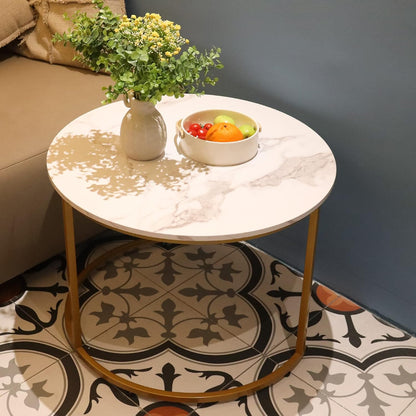 Nesting Coffee Table Set of 2, Round Marble Pattern with Gold Frame for Living Room & Bedroom