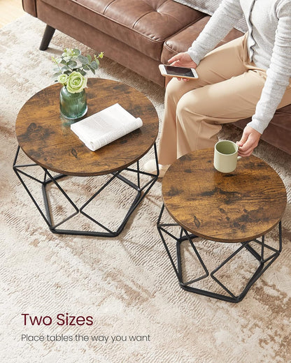 Round Coffee Table Set of 2 with Steel Frame, Side End Tables for Living Room, Bedroom, Office, Rustic Brown and Black