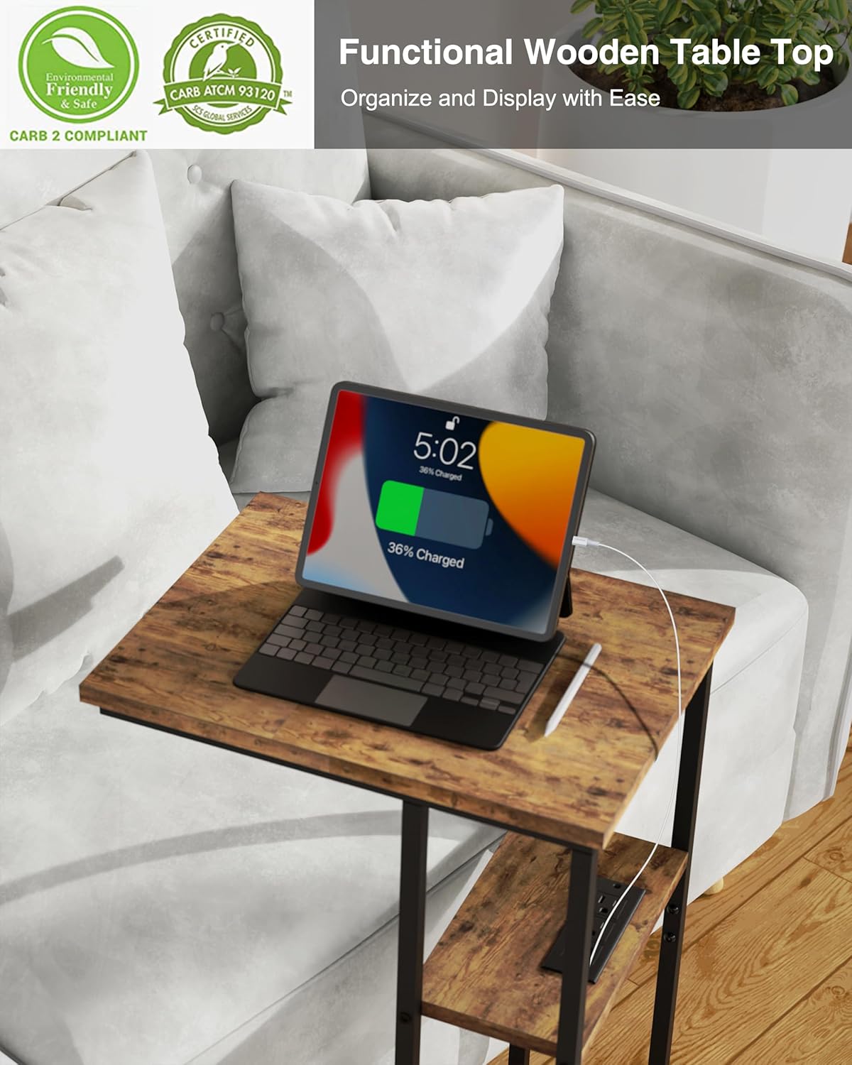 Side Table Set of 2, C-Shaped End Tables with USB Charging & LED Light, Small Sofa Laptop & Snack Tables, Rustic Brown