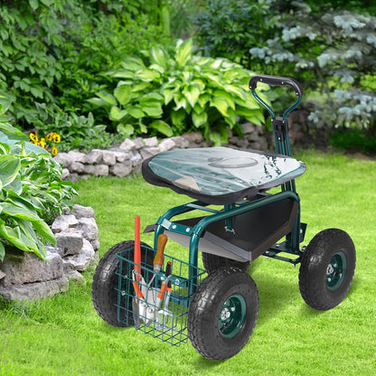 Rolling Garden Cart with Swivel Seat, Wheels & Tool Tray – Green
