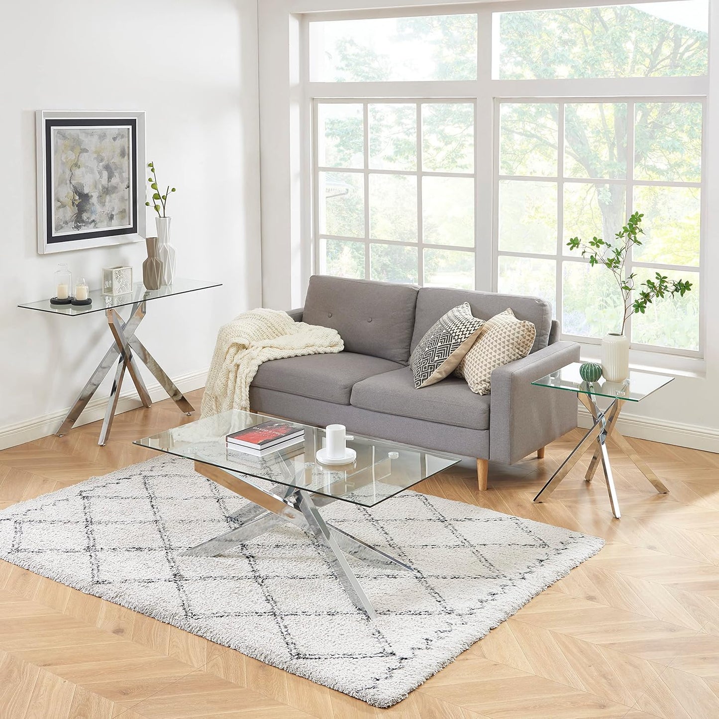Square Glass Side Table with Metal Legs, Silver, 20”x20”x22”