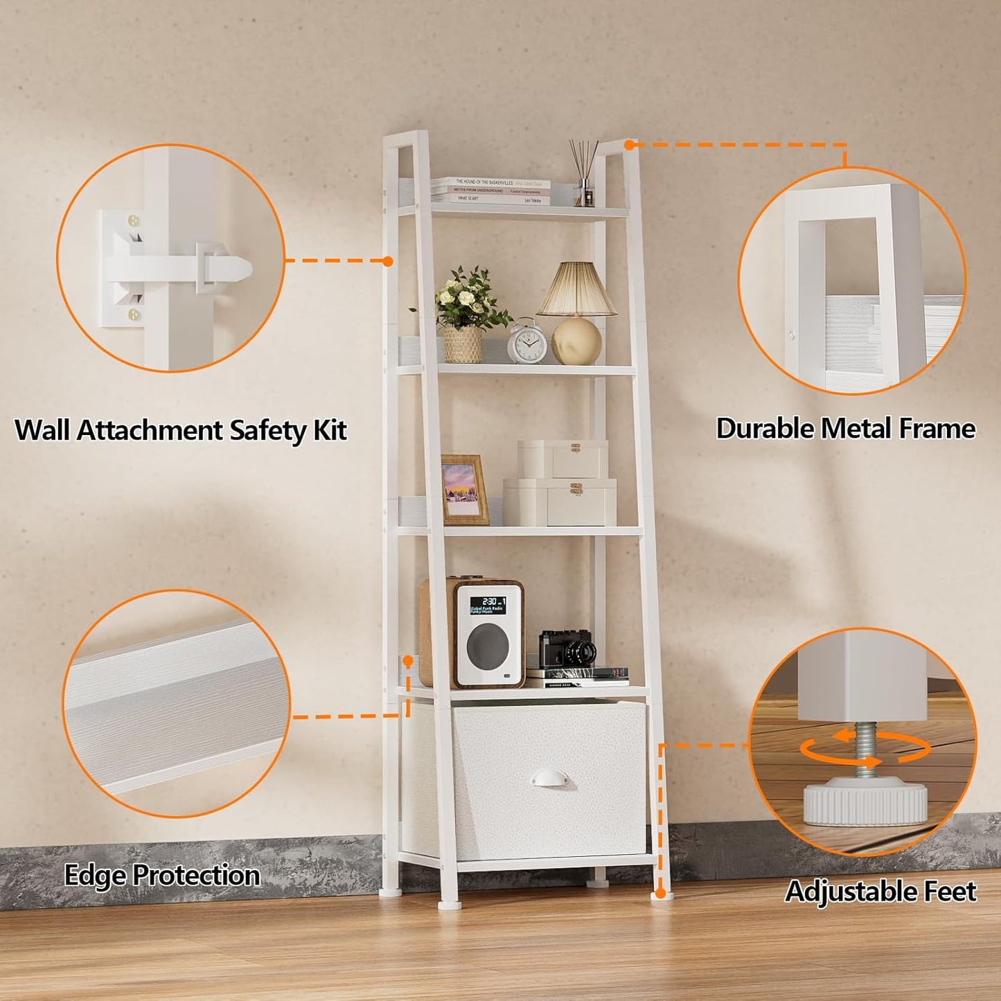 5-Tier Ladder Shelf with Drawer, Tall Narrow Bookshelf Storage Rack for Living Room, Bedroom, Home Office – White