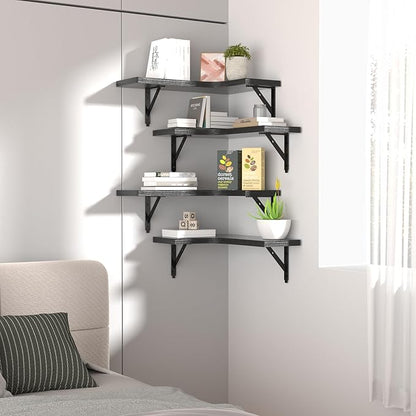 Corner Floating Shelves Set of 4 – Rustic Wood Wall Storage & Display (Black)