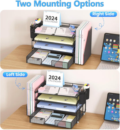 4-Tier Desktop File Organizer with Drawer and Pen Holders – Desk Organizer for Office Supplies (Black)