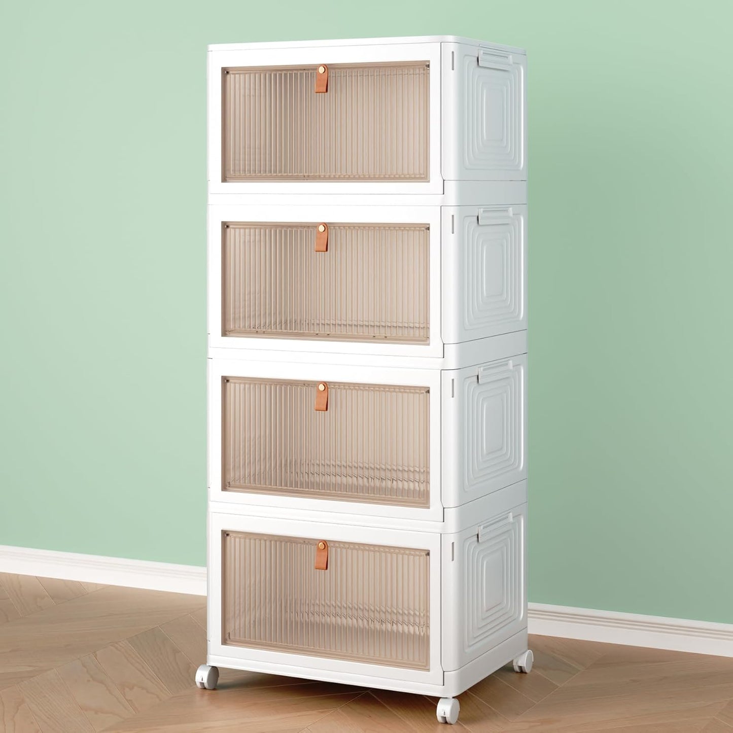 Stackable 4-Tier Storage Bins with Lids and Wheels, Foldable Plastic Containers for Home & Office