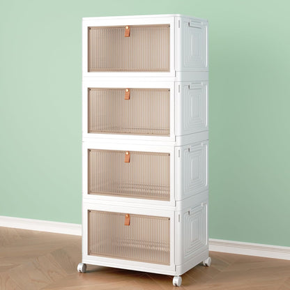 Stackable 4-Tier Storage Bins with Lids and Wheels, Foldable Plastic Containers for Home & Office