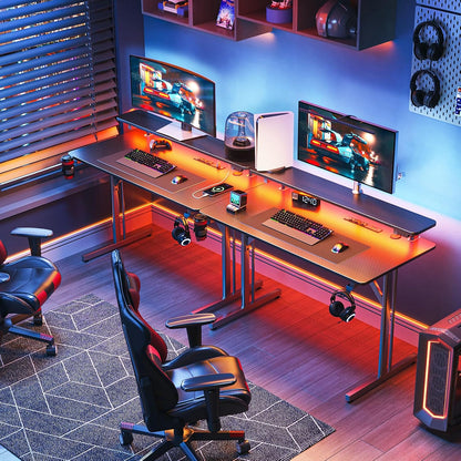 32" Gaming Desk with LED Lights, Power Outlets & Monitor Shelf, Carbon Fiber Texture