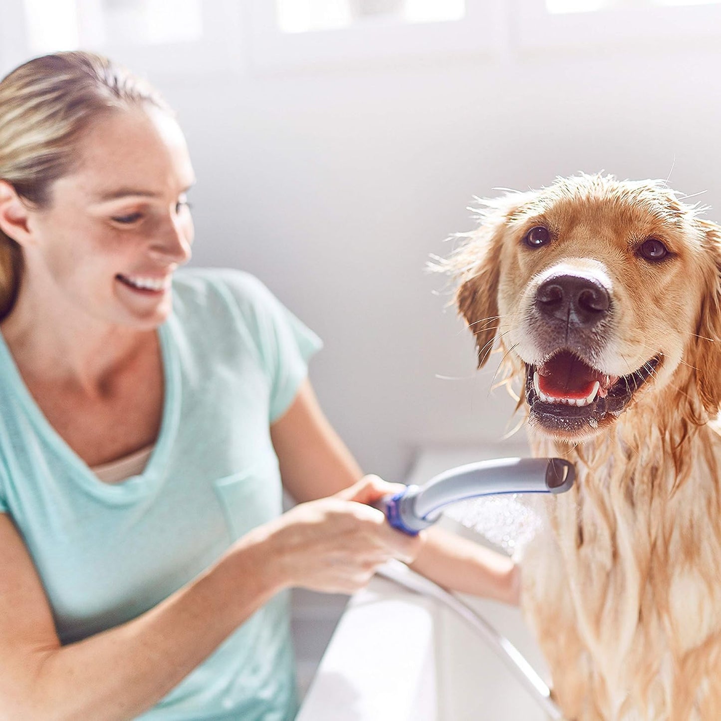 Pet Wand Pro Dog Shower Attachment with 8-Foot Hose – Fast & Easy Bathing, Indoor/Outdoor, Blue/Grey