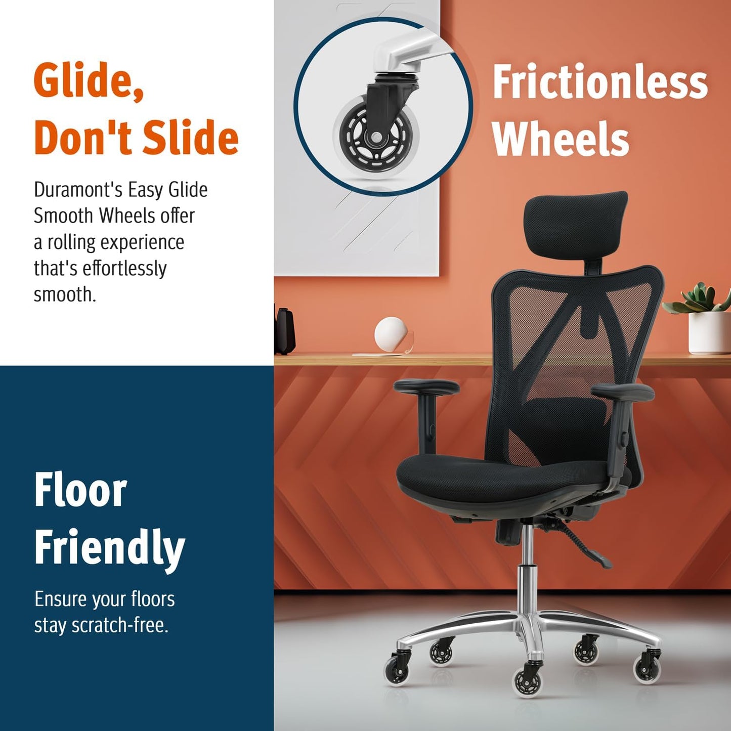 Ergonomic Office Chair with Lumbar Support, Mesh High Back, Adjustable Head & Arm Rests, Reclining Desk Chair