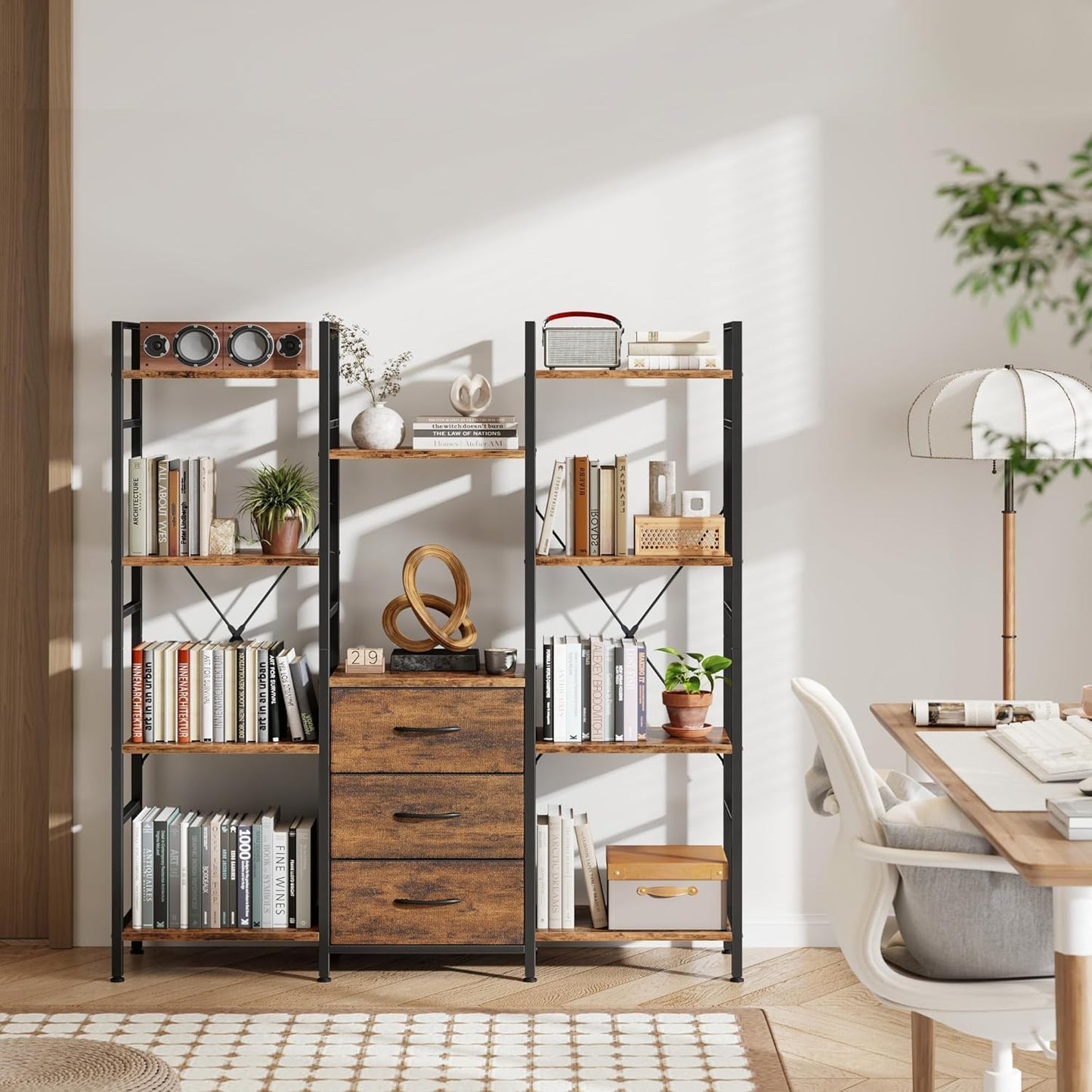Triple Bookshelf with Fabric Drawers, 4-Tier Storage and Display Shelves, Rustic Brown