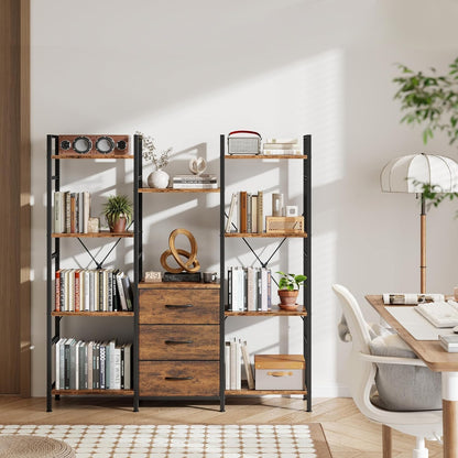 Triple Bookshelf with Fabric Drawers, 4-Tier Storage and Display Shelves, Rustic Brown