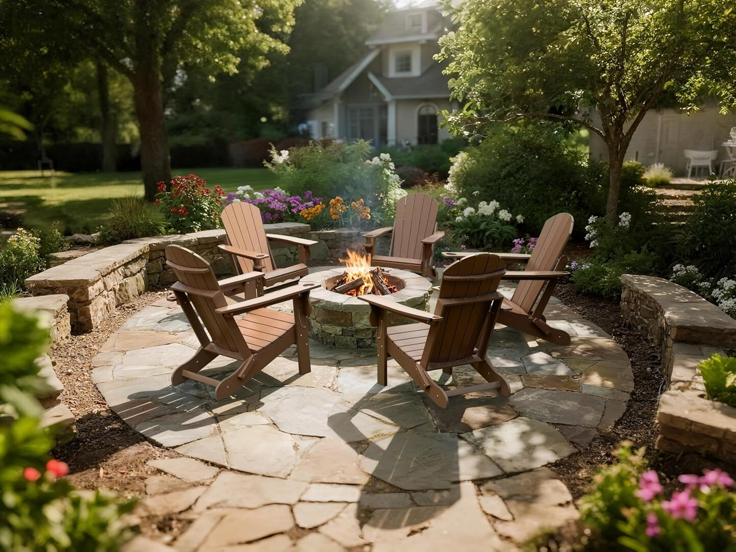 Folding Adirondack Chair with Cup Holder & Umbrella Hole, Weather-Resistant HDPE, Brown