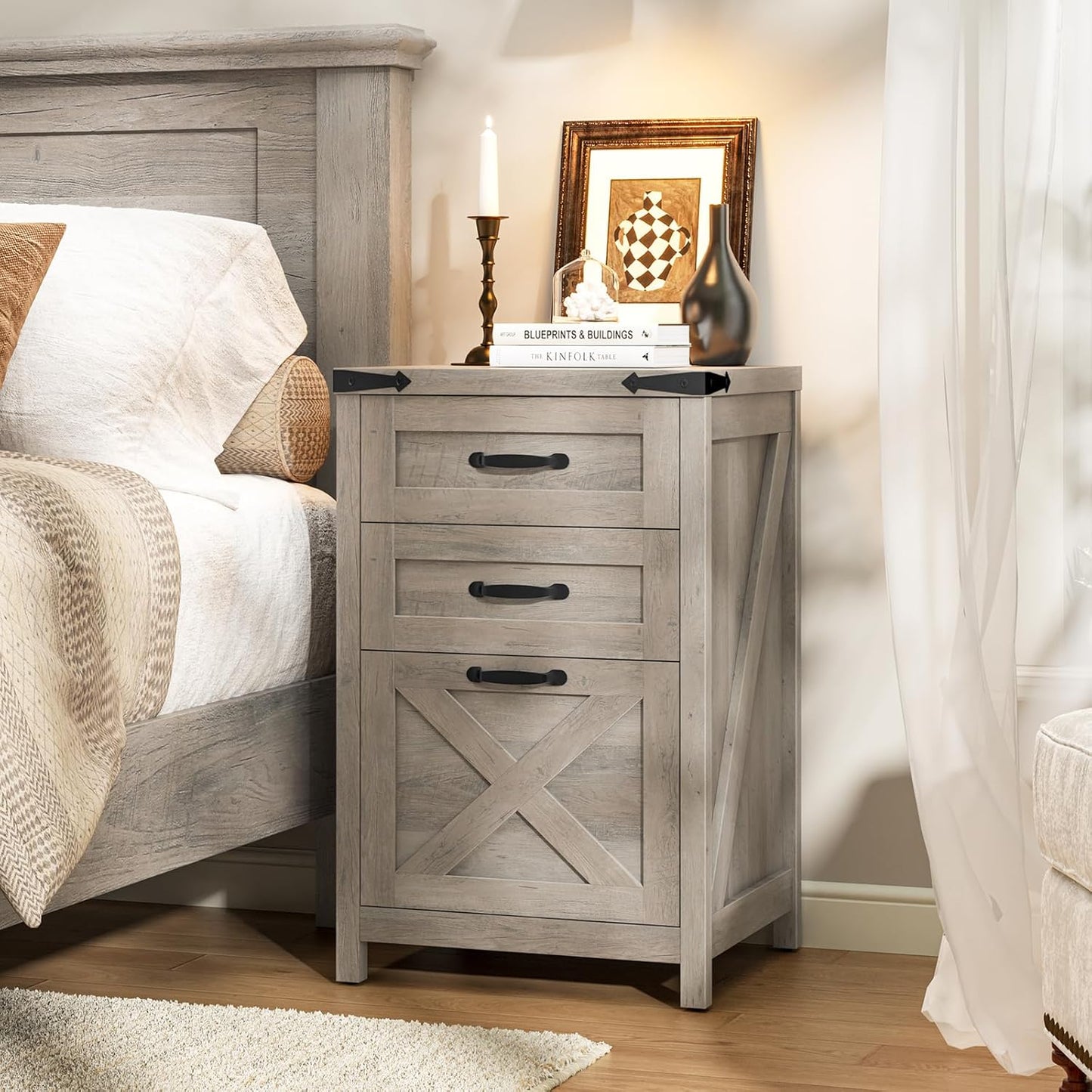 3-Drawer Vertical File Cabinet – Farmhouse Wood Storage, Fits Letter/A4, Grey