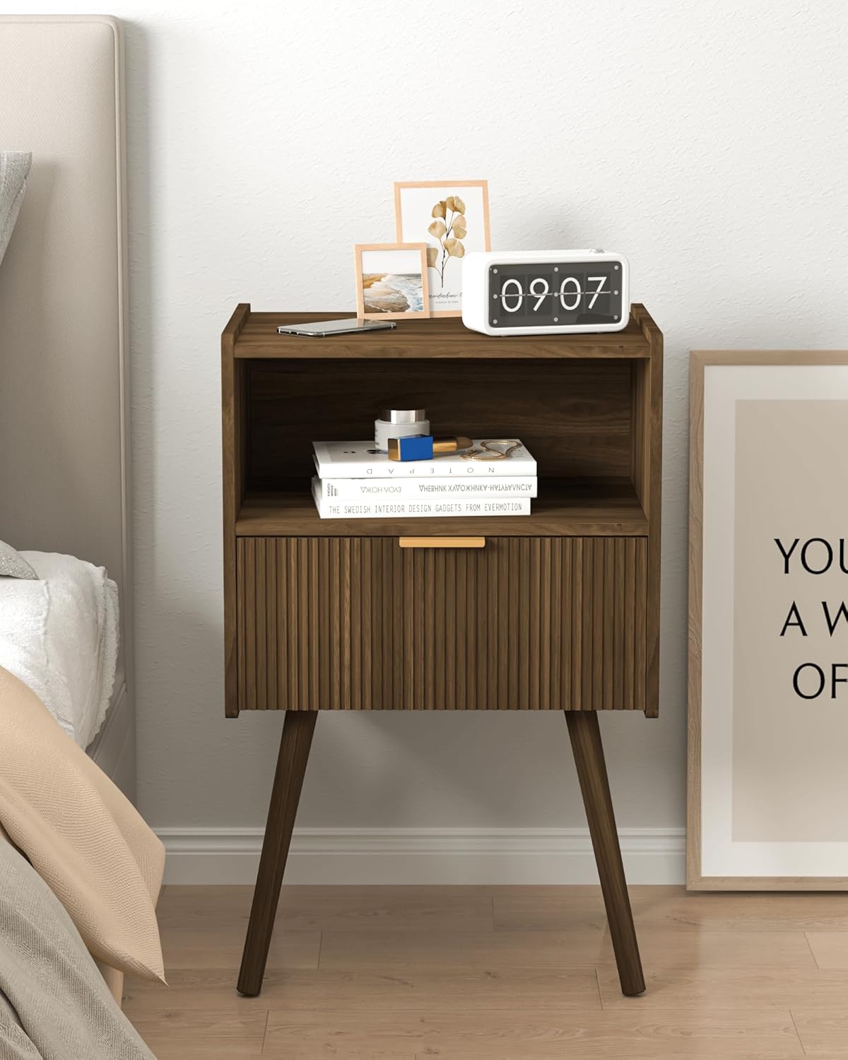 Modern Nightstand with Drawer and Open Shelf, Bedside Table for Bedroom, Living Room, or Small Spaces, Walnut Brown