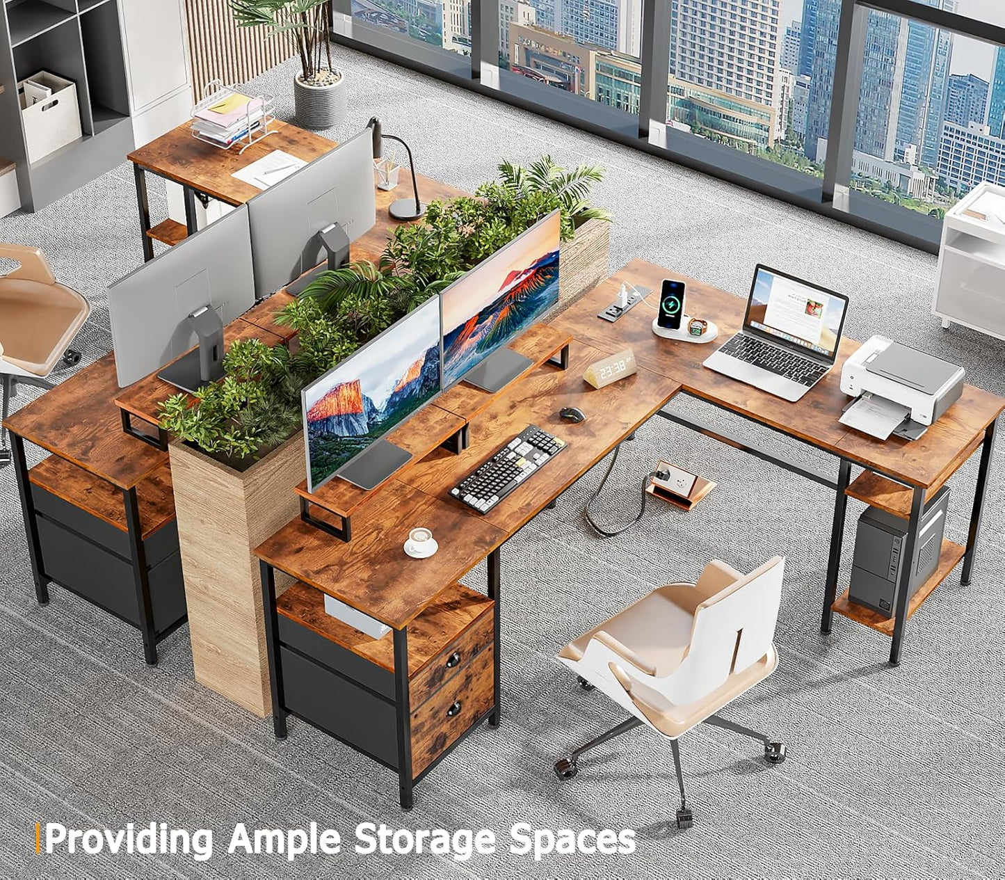 L-Shaped Computer Desk with Power Outlet, File Drawer, Monitor Stands & Storage Shelves for Home Office or Gaming