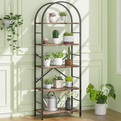 Arched 5-Tier Bookshelf, Rustic Brown Storage Bookcase for Home or Office