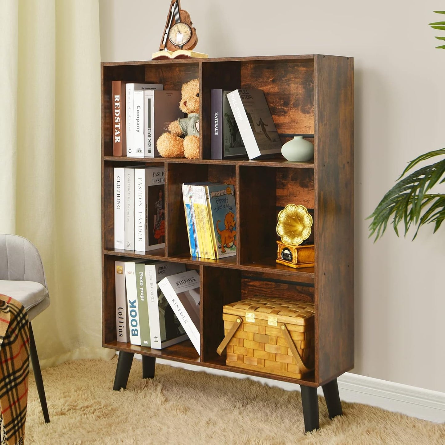 3-Tier Cube Bookshelf with Legs – Mid-Century Rustic Brown Wood Storage Organizer for Bedroom, Living Room, or Office