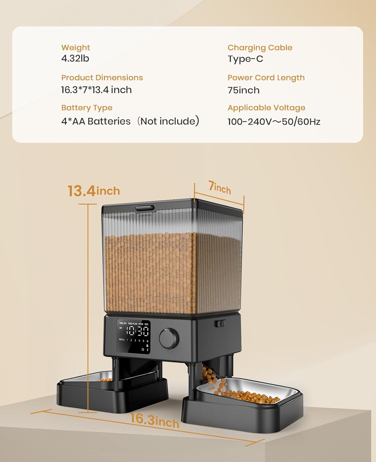 Automatic Cat Feeder for 2 Cats, 5L Timed Dry Food Dispenser for Small Pets, 20-Cup Capacity