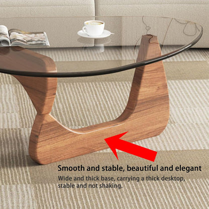 Modern Glass Coffee Table, Round Abstract Tea Table with Walnut Base for Living Room