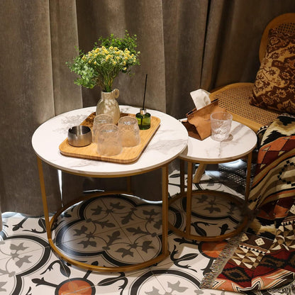 Nesting Coffee Table Set of 2, Round Marble Pattern with Gold Frame for Living Room & Bedroom