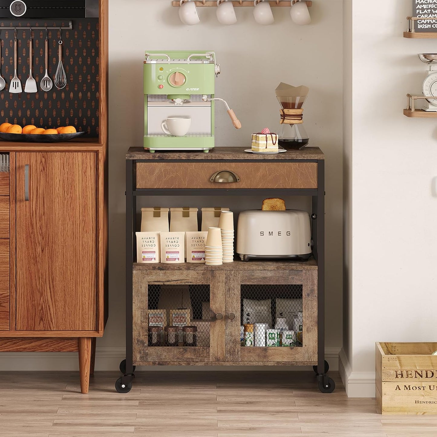 3-Tier Coffee Bar Cabinet with Drawer and Wheels – Farmhouse Kitchen Station