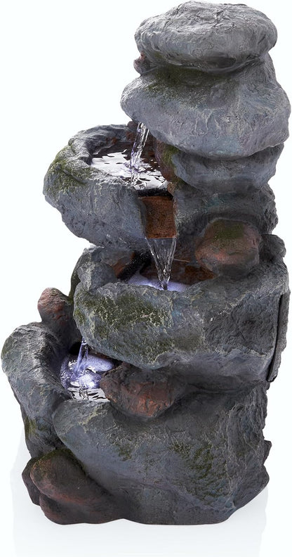 3-Tier Rock Waterfall Fountain with LED Lights – 22" Outdoor Garden & Patio Decor, Gray