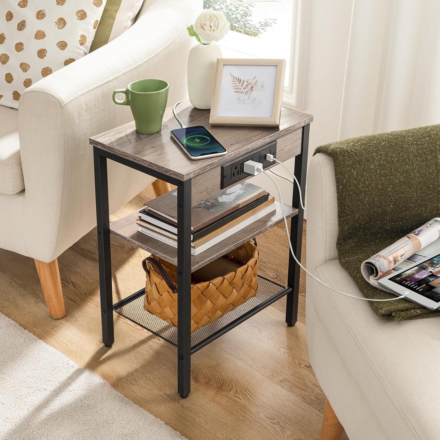 Set of 2 End Tables with Charging Station, 3-Tier Nightstands with USB Ports