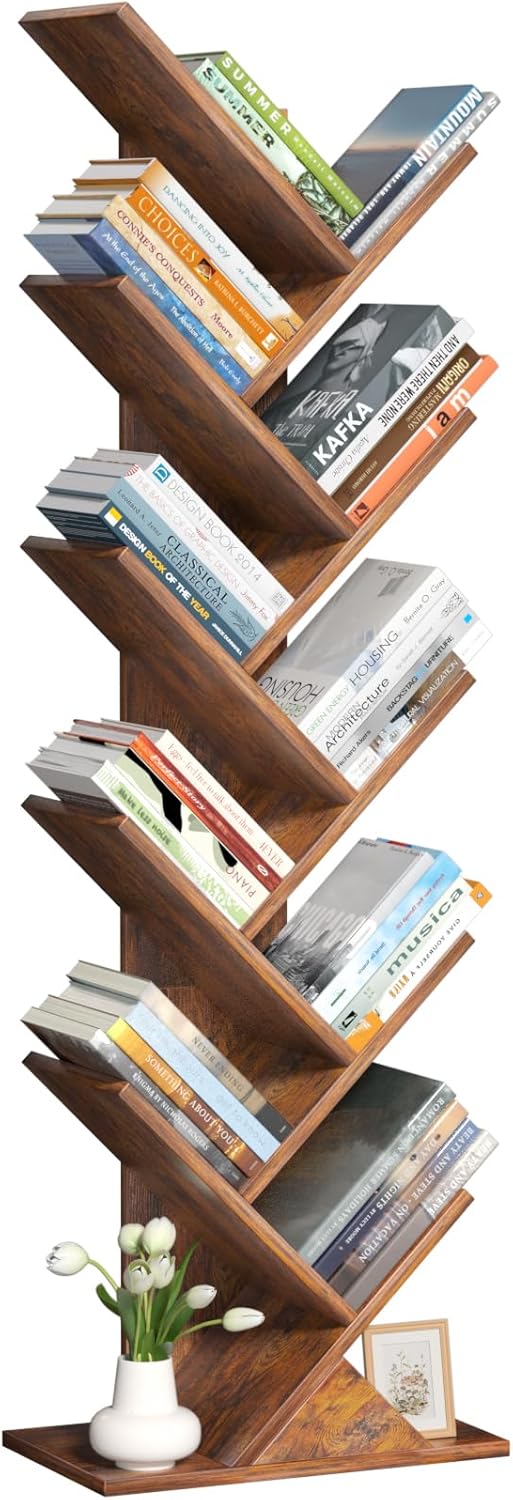 10-Tier Tree Bookshelf – Narrow Space Floor Standing Bookcase & Storage Organizer, Brown