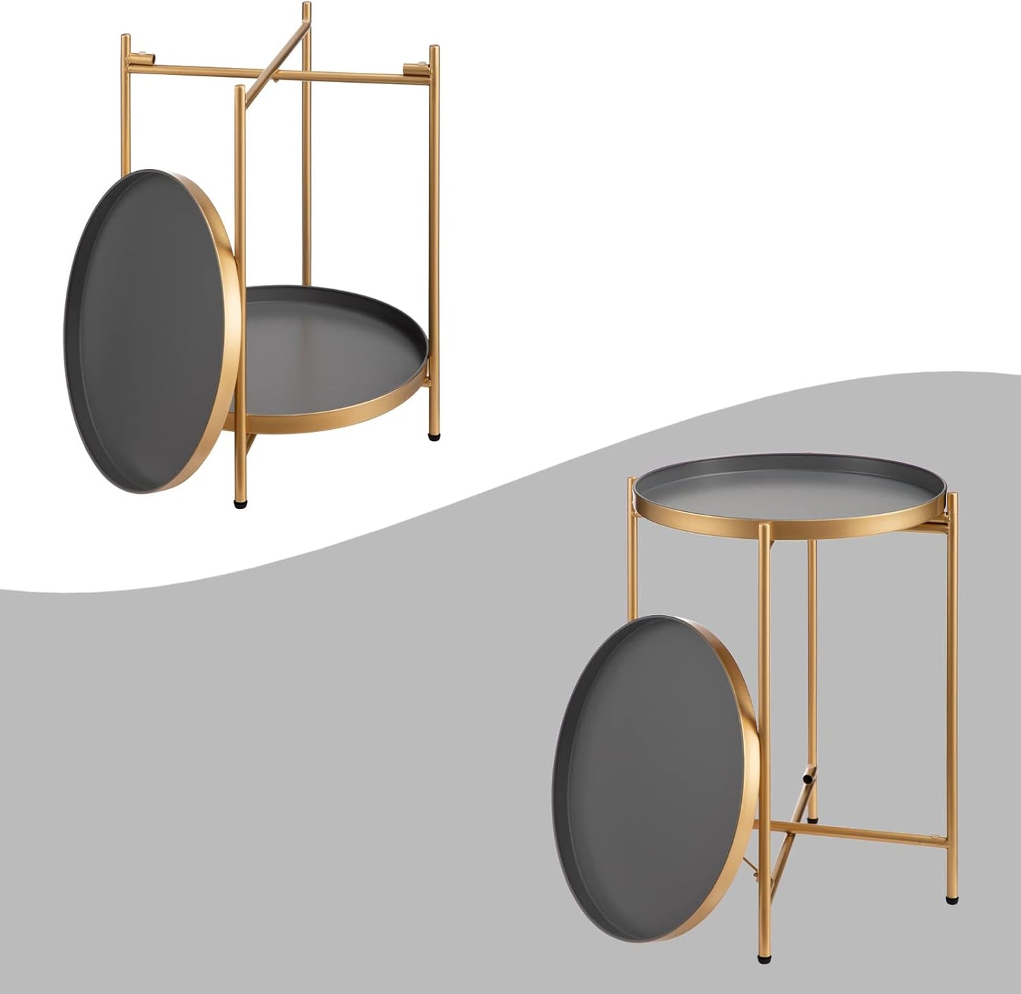 2-Tier Round Folding Side Table with Removable Tray, Gold & Grey