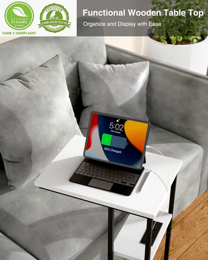 Side Table Set of 2, C-Shaped End Tables with USB Charging & LED Light, Small Sofa Laptop & Snack Tables, White