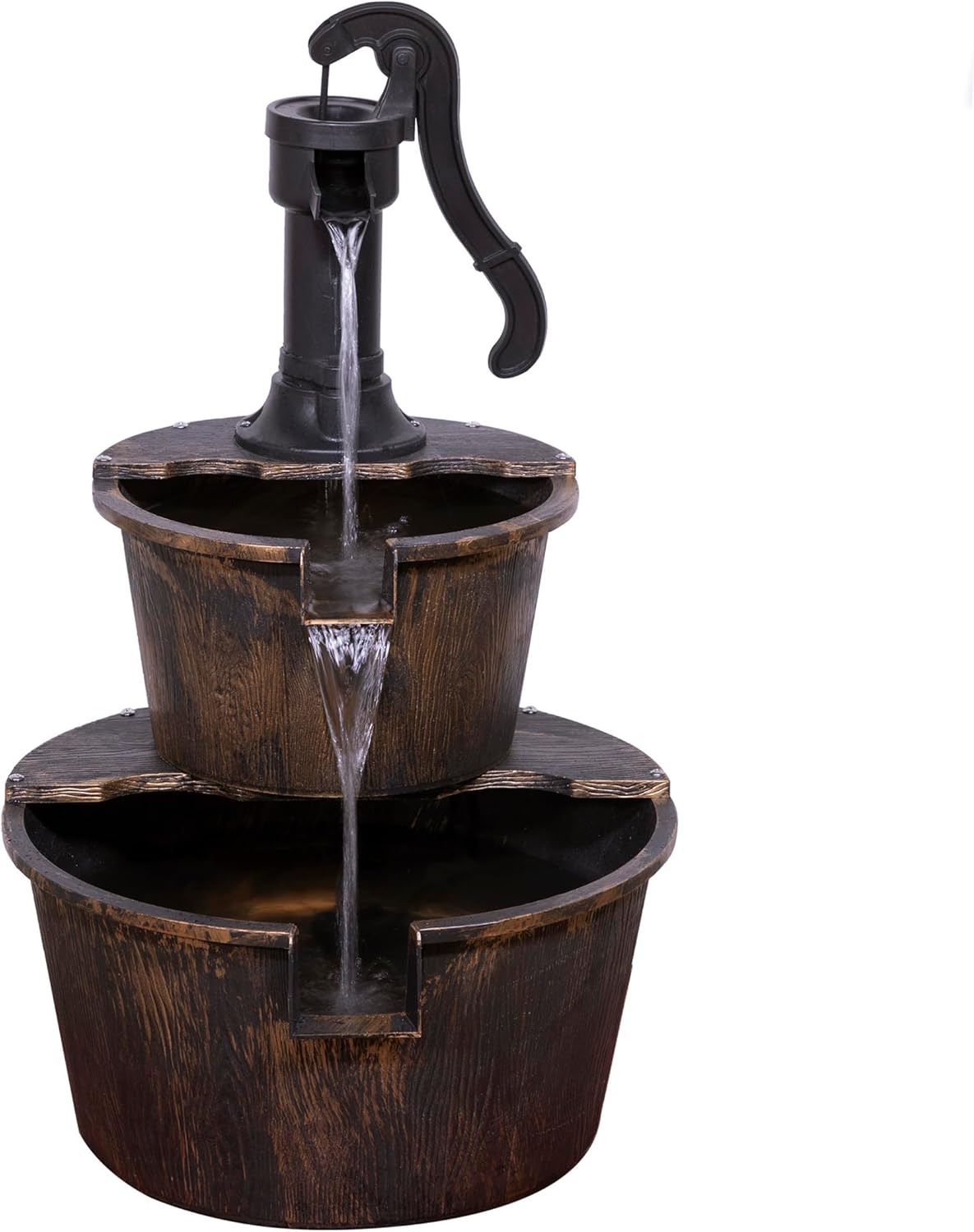 Outdoor Rustic 2-Tier Barrel Water Fountain with Pump, Bronze Finish, 27"