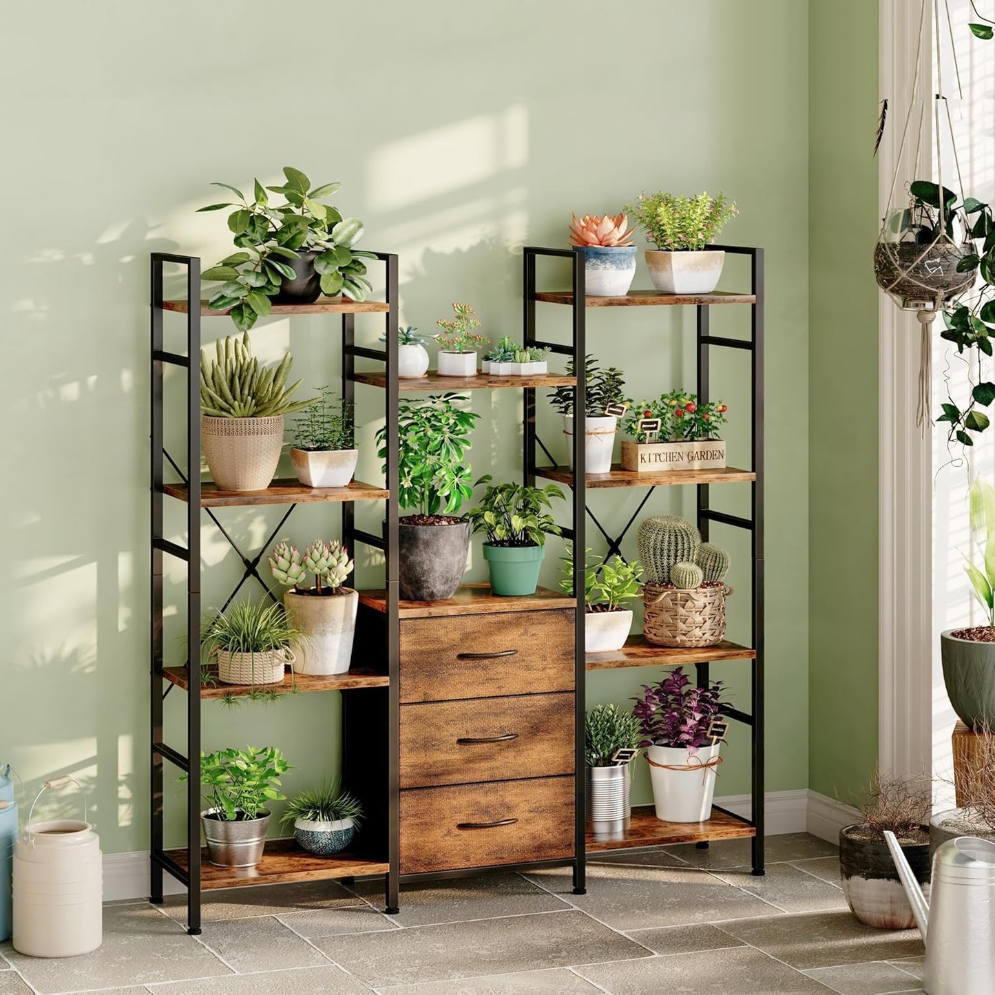 Triple Bookshelf with Fabric Drawers, 4-Tier Storage and Display Shelves, Rustic Brown