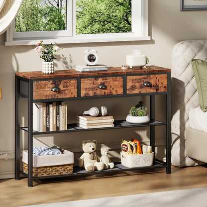 Console Table with 3 Drawers and Storage Shelves, Rustic Brown Entryway Table for Living Room or Hallway