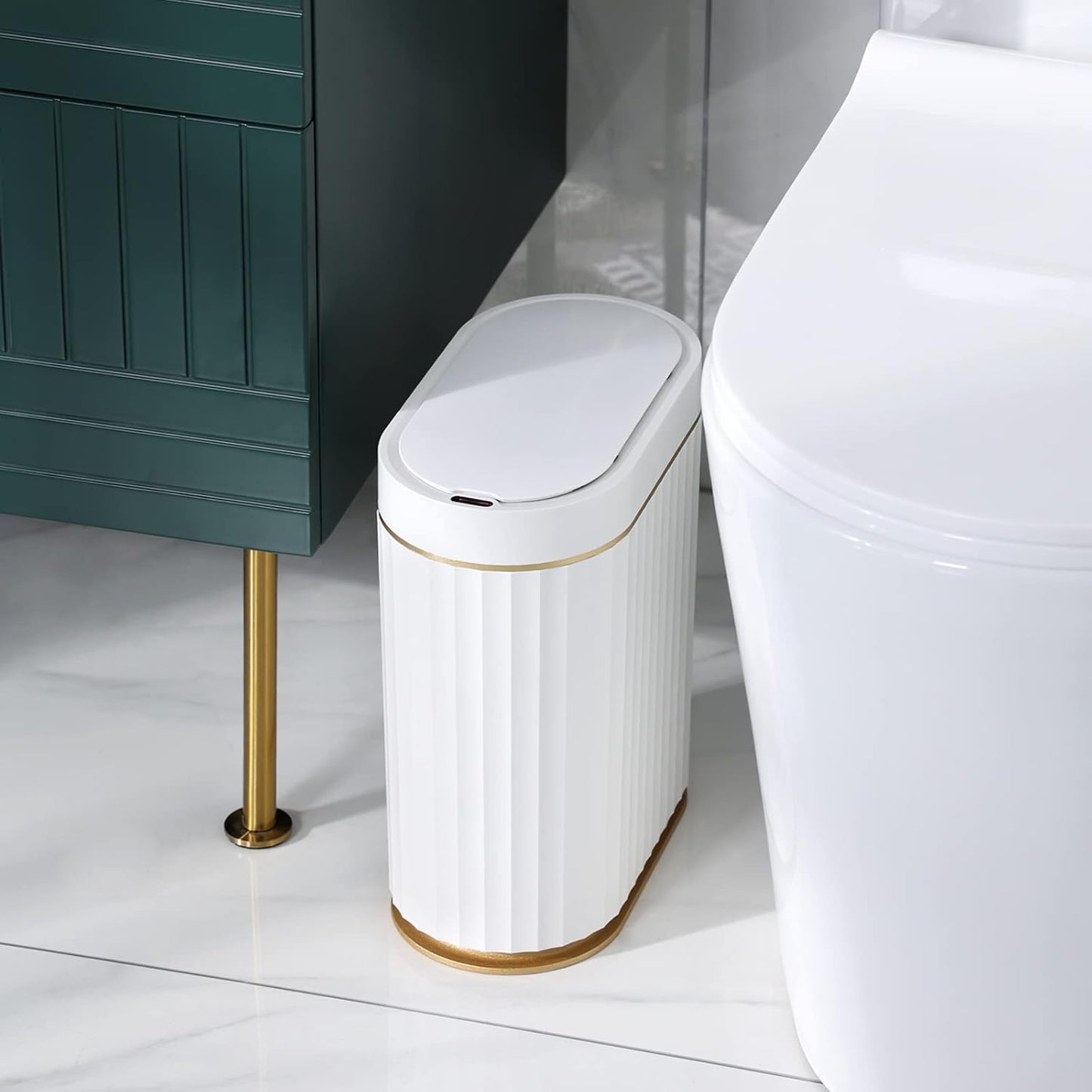 Automatic Motion Sensor Trash Can, 2 Gallon Slim Slimline Bin for Bathroom, Bedroom, Kitchen, Office – White with Gold Trim