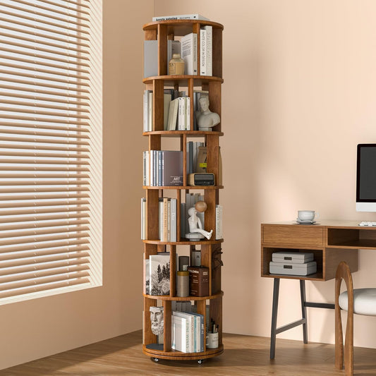6-Tier Solid Wood Revolving Bookcase with Wheels – 360° Rotating Bookshelf Organizer for Corners and Compact Spaces, Perfect for Home or Office Use