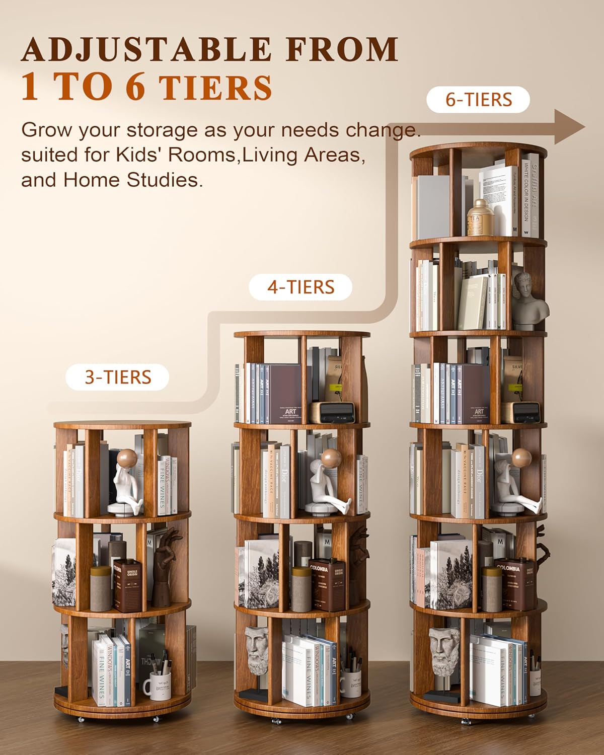 6-Tier Solid Wood Revolving Bookcase with Wheels – 360° Rotating Bookshelf Organizer for Corners and Compact Spaces, Perfect for Home or Office Use