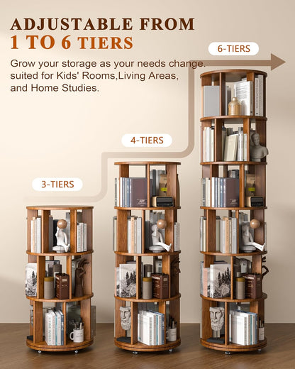 6-Tier Solid Wood Revolving Bookcase with Wheels – 360° Rotating Bookshelf Organizer for Corners and Compact Spaces, Perfect for Home or Office Use