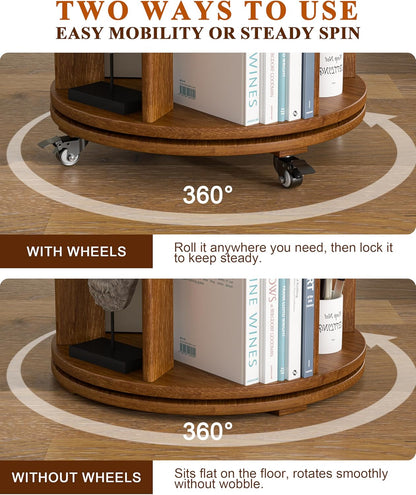 6-Tier Solid Wood Revolving Bookcase with Wheels – 360° Rotating Bookshelf Organizer for Corners and Compact Spaces, Perfect for Home or Office Use