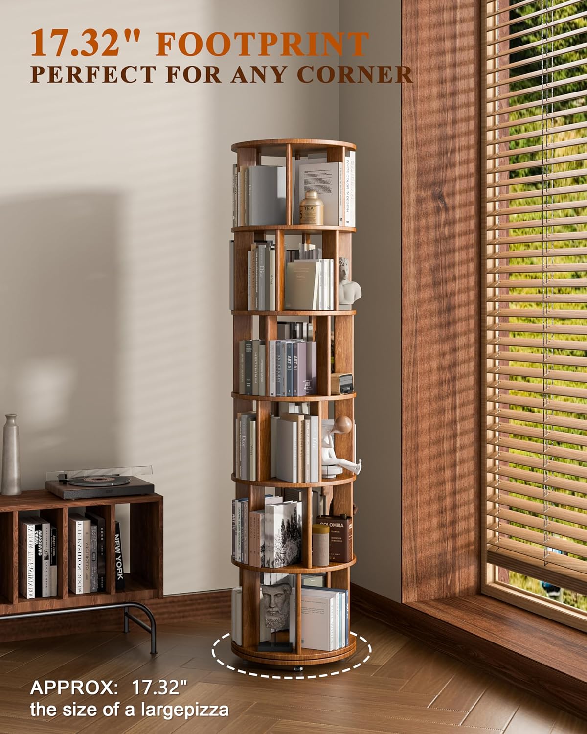 6-Tier Solid Wood Revolving Bookcase with Wheels – 360° Rotating Bookshelf Organizer for Corners and Compact Spaces, Perfect for Home or Office Use