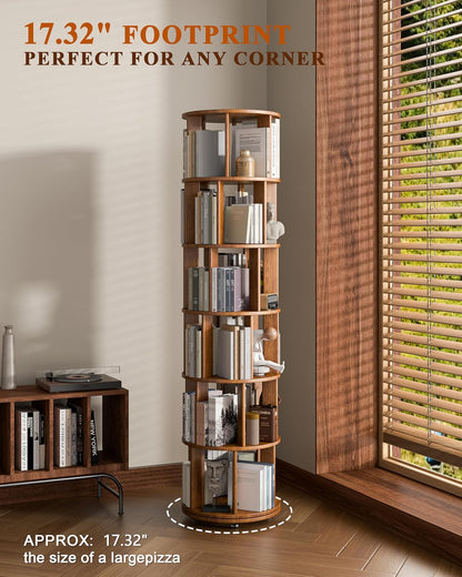 6-Tier Solid Wood Revolving Bookcase with Wheels – 360° Rotating Bookshelf Organizer for Corners and Compact Spaces, Perfect for Home or Office Use