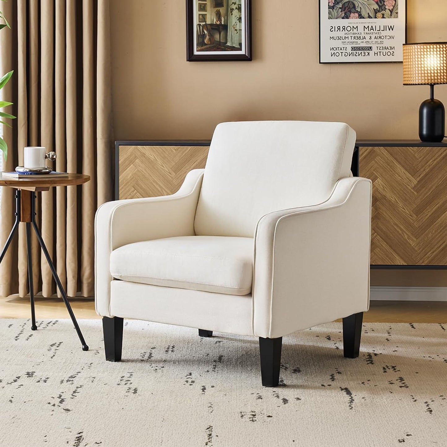 Modern Beige Accent Chair  Upholstered Armchair with Scooped Arms for Living Room, Bedroom or Office