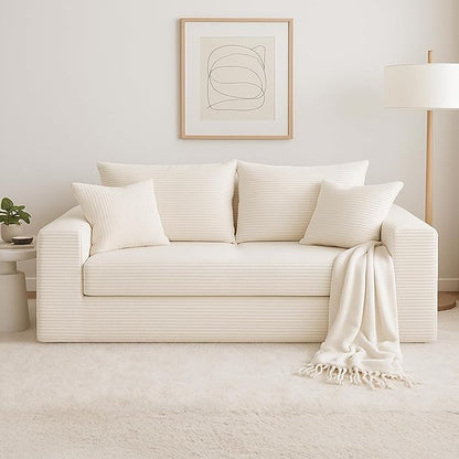 3-in-1 Convertible Sofa Bed, Foldable Loveseat & Chaise Lounge Chair, Corduroy Futon Sleeper with 4 Pillows perfect for your Living Room, Beige