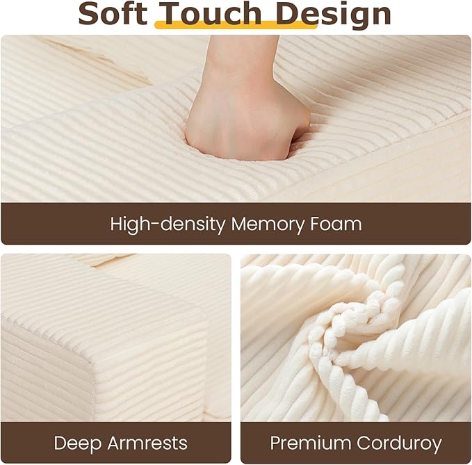 3-in-1 Convertible Sofa Bed, Foldable Loveseat & Chaise Lounge Chair, Corduroy Futon Sleeper with 4 Pillows perfect for your Living Room, Beige