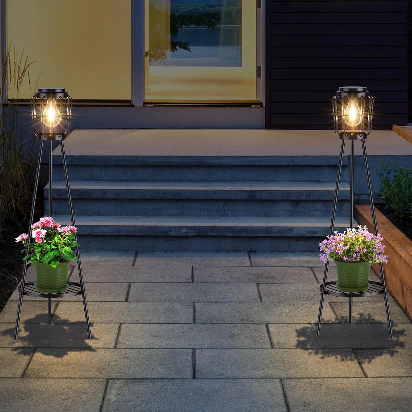 2-Pack Solar LED Floor Lamps with Plant Stand Waterproof Outdoor Solar Lights for Patio, Porch, Deck, and Garden Decor