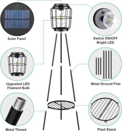 2-Pack Solar LED Floor Lamps with Plant Stand Waterproof Outdoor Solar Lights for Patio, Porch, Deck, and Garden Decor