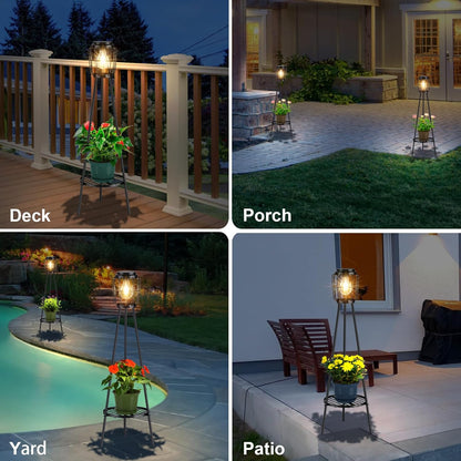 2-Pack Solar LED Floor Lamps with Plant Stand Waterproof Outdoor Solar Lights for Patio, Porch, Deck, and Garden Decor